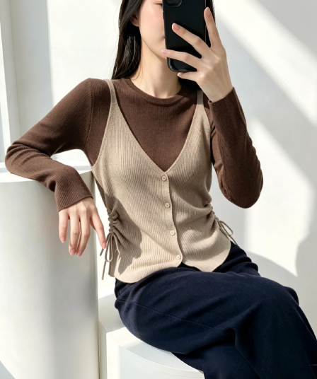 이른 가을 레트로 배색 페이크 레이어드 니트 기본 셔츠 여성 디자인 센스 펌프 로프 허리 수축 슬림해 보이는 긴팔 아름다운 맨위