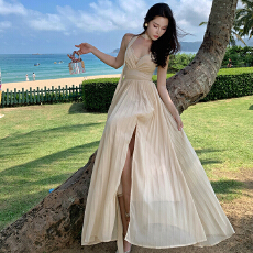 批发实拍度假性感挂脖飘带连衣裙夏季修身气质收腰<b class='q'>吊带</b>长裙子