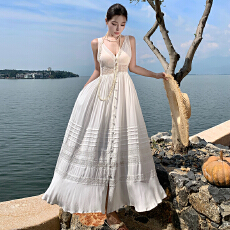 批发实拍重工小白裙女V领无袖蕾丝花边海边度假连衣裙