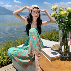 批发实拍波西米亚度假印花小吊带松紧高腰宽松休闲长裤套装