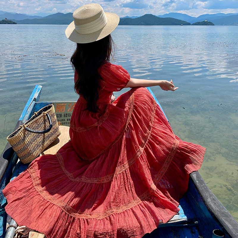 实拍短袖V领复古收腰旅拍酒红色多层蛋糕裙摆连衣裙长裙