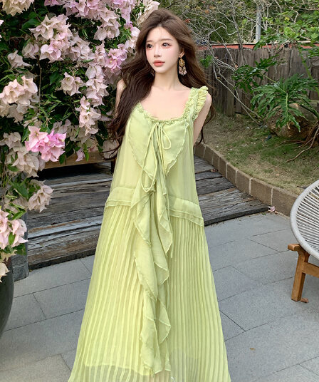 실사 녹색 주름 연꽃 잎 레이스 작은 날다 소매 여성 드레스 여름 롱 스커트