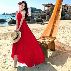 批发实拍蓝色显白性感露背<b class='q'>挂</b><b class='q'>脖</b>宽松百褶不规则长款<b class='q'>连衣裙</b>