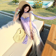 批发实拍夏新款法式浪漫欧若紫色渐变抹胸超仙长款<b class='q'>连衣裙</b>