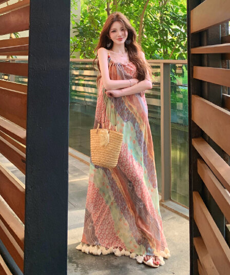 실사 프랑스식 섬 휴가 바람 스트라이프 프린트 술 슬립 드레스 롱 스커트