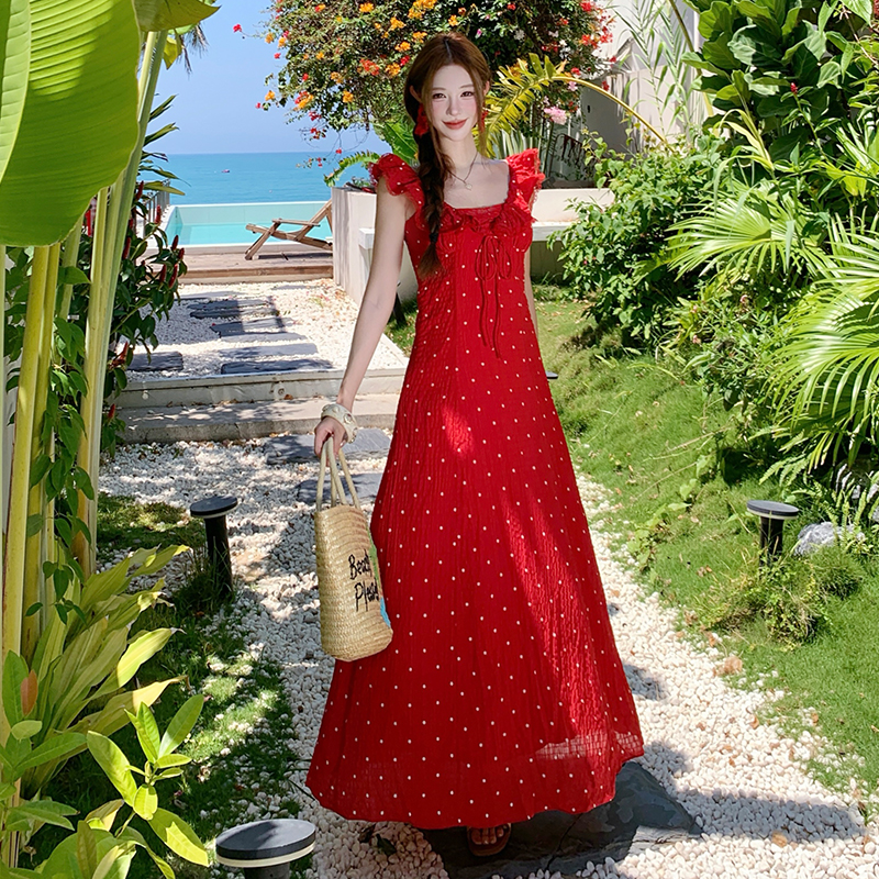 실사 빨간색 석류 롱 코트 V넥 레이스업 도트 무늬 프릴 허리 수축 명중 가져 가라. 슬립 여성 드레스 여름 치마