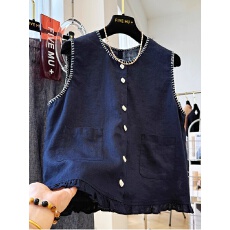 批发高端亚麻独特重工特种绣木耳边外穿马甲背心女夏季薄无袖上衣小衫