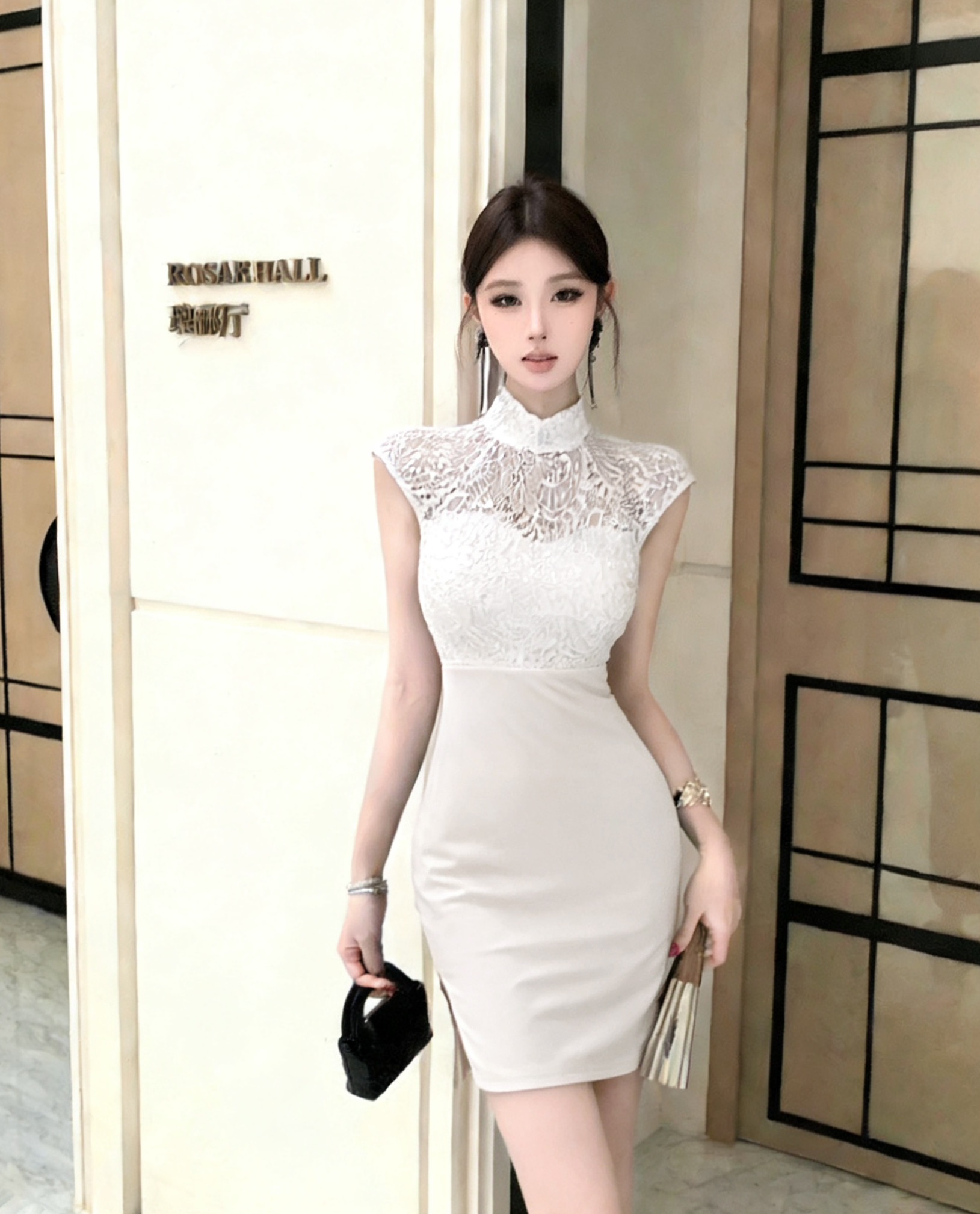 实拍 夏装新款蕾丝拼接绑带修身显瘦连衣裙