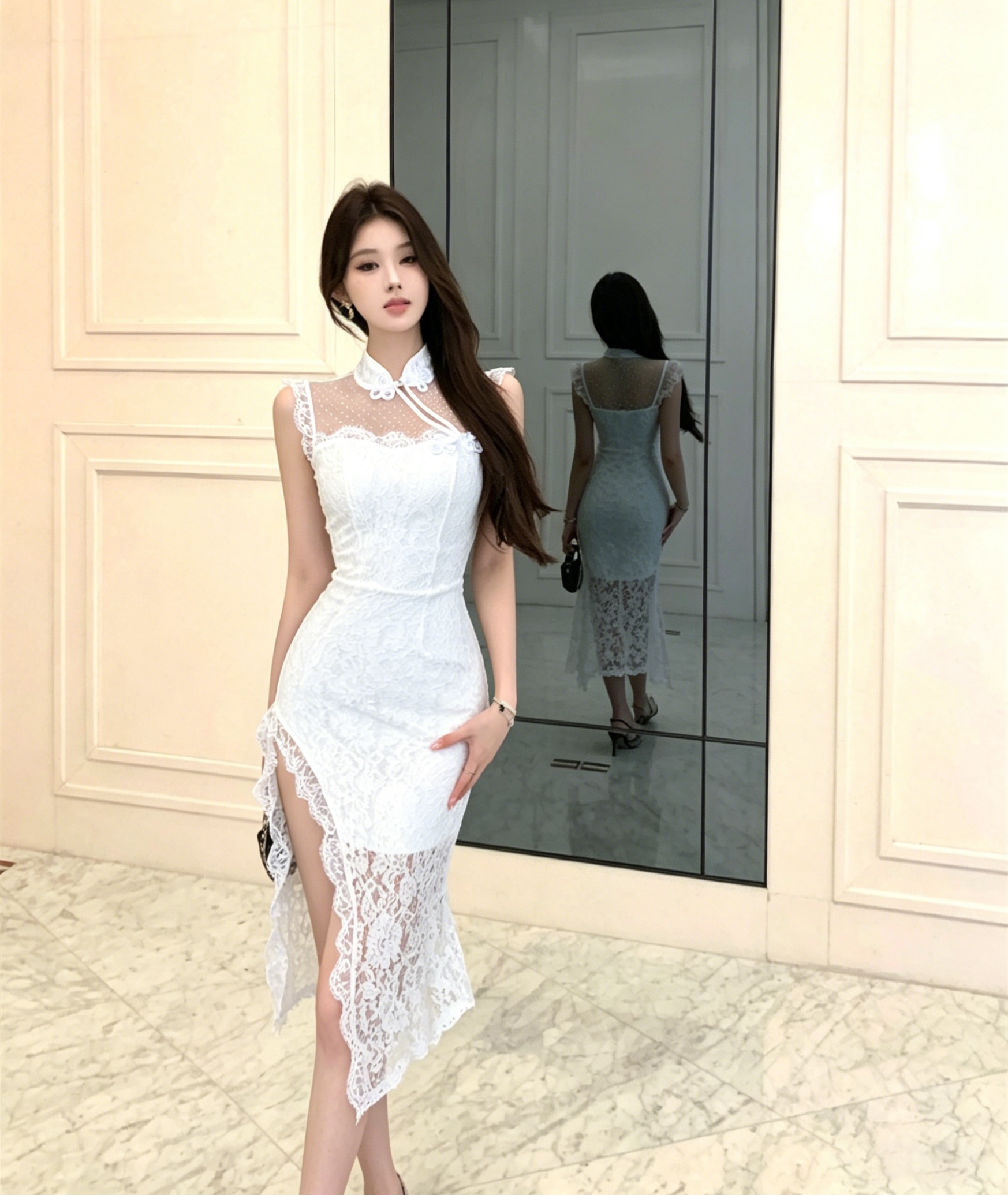 실사 새로운 섹시함 트임 레이스 치파오 몸매 가꾸기 슬림해 보이는 드레스