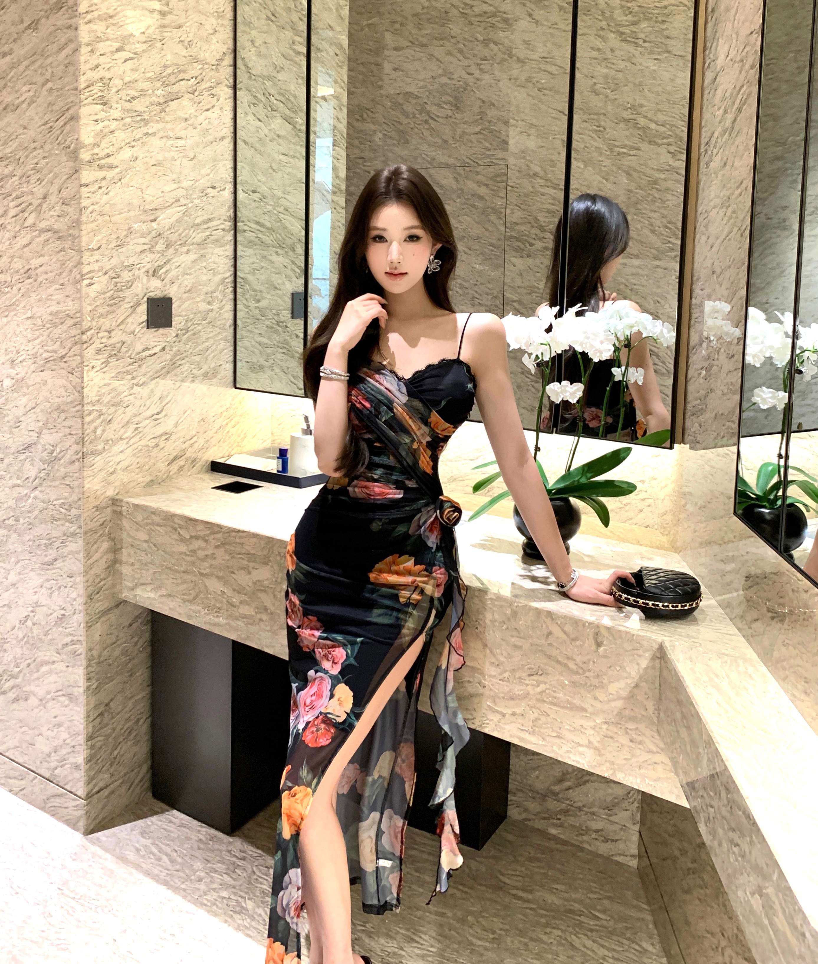 실사 여름 드레스 새로운 슬립 망사 프린트 몸매 가꾸기 슬림해 보이는 드레스
