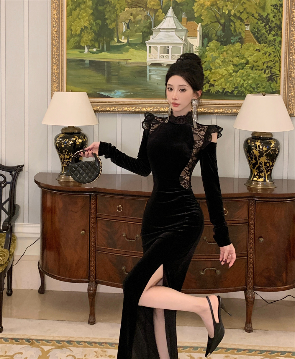 新款高级感蕾丝拼接丝绒修身显瘦连衣裙 服裝批發女裝批發服飾貨源