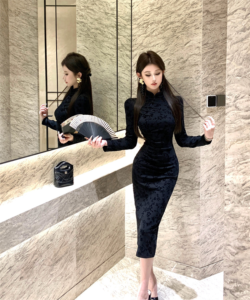 秋季新款复古旗袍性感修身显瘦连衣裙 服裝批發女裝批發服飾貨源