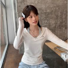 批发【人棉两件套】韩系白色V领长袖t恤女秋季内搭背心辣妹上衣
