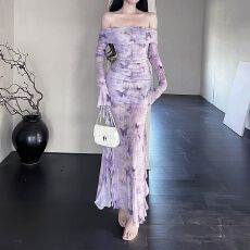 批发新中式一字肩网纱<b class='q'>长袖</b>连衣裙女夏季性感修身包臀鱼尾礼服<b class='q'>旗袍</b>长裙