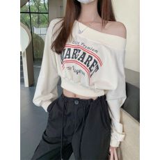 批发实拍 华棉复合牛奶丝 秋装卫衣女高腰短款一字领印花