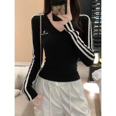 批发实拍 260g人棉2*2 条纹V领长袖t恤女韩系打底衫刺绣字母