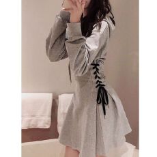 批发2025年春季新款韩版大码女装短款<b class='q'>连衣裙</b>连帽抽绳卫衣短裙运动风