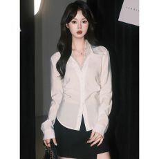 批发法式收腰长袖洋气蕾丝拼接<b class='q'>白色</b>V领<b class='q'>衬衫</b>