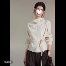 批发秋季新款简约不对称荡领斜门襟绑带收腰上衣女高级感<b class='q'>衬衫</b>