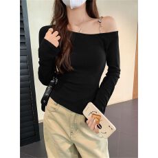 批发【2*2 260克人棉莫代尔】纯欲开叉露肩长袖<b class='q'>t</b><b class='q'>恤</b>辣妹显瘦内搭上衣女