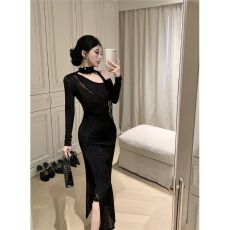 批发纯欲黑色露肩长袖<b class='q'>连衣裙</b>女秋冬蕾丝拼接性感鱼尾长裙收腰包臀裙子