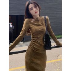 批发复古风轻奢名媛气质不规则领长袖<b class='q'>连衣裙</b>女秋季收腰显瘦包臀长裙子