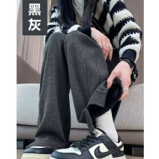 批发立体腰 人字纹大码阔腿裤女秋冬加绒加厚窄版开叉毛呢香蕉直筒裤