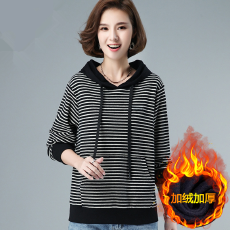 批发打底衫女加绒加厚大码秋冬季修身显瘦保暖上衣条纹T恤卫衣外套潮