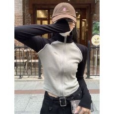 批发【人棉】甜酷风立领撞色拼接长袖T恤女秋季气质修身显瘦短款上衣