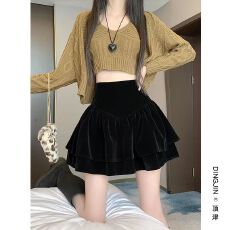 批发新款丝绒蛋糕裙公主风秋冬季精致高腰蓬蓬迷你黑色短裙半身裙女