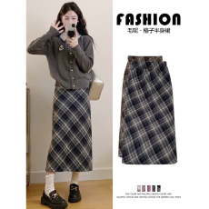 批发原版做工】灰色格子<b class='q'>半身</b>裙秋冬高腰a字<b class='q'>包臀</b>裙小个子复古毛呢<b class='q'>长裙</b>