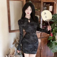 批发秋季新款国风气质改良新中式收腰包臀长袖优雅旗袍时尚紧身连衣裙