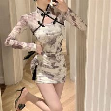 批发花色名媛秋冬新款性感夜店旗袍褶皱镂空网布<b class='q'>修身</b>显瘦包臀连衣<b class='q'>裙</b>女