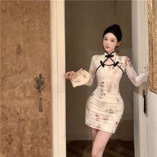 批发新中式国风印花改良<b class='q'>旗袍</b>短裙子女<b class='q'>夏季</b>褶皱收腰显瘦气质长袖连衣裙