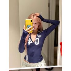 260克人棉莫代尔数字印花长袖T恤女运动修身开衫上衣