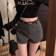 批发毛呢休闲短裤女秋冬配皮带高腰A字阔腿呢子外穿靴裤子