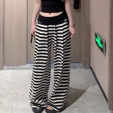 批发薄款条纹裤子阔腿2025裤女夏季新款高腰宽松休闲慵懒直筒显瘦长裤
