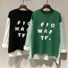 批发2026款假两件t恤男女装春秋季小衫条纹衬衫拼<b class='q'>卫衣</b>设计感长袖上衣