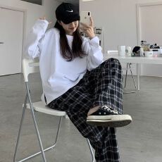 批发毛呢黑色大格子裤女春秋韩版i复古裤子宽松高腰休闲直筒阔腿长裤