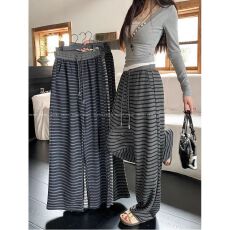 批发正立体腰头  灰色窄版条纹女新款秋季高腰直筒垂感慵懒休闲拖地裤