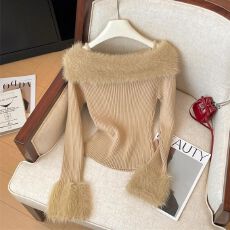 批发法式<b class='q'>甜美</b>吊带一字肩毛绒绒喇叭袖女辣妹显瘦气质上衣