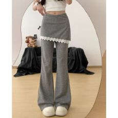 批发灰色蕾丝拼接微喇休闲裤女夏季2026新款假两件高腰显瘦瑜伽运动裤