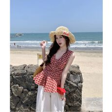 批发【纯棉梭织布】辣妹风格子V领背心女修身显瘦褶皱外穿吊带上衣