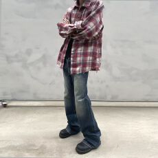 批发美式复古毛边破坏红格子<b class='q'>衬衫</b><b class='q'>男</b>女春秋季宽松休闲打底长袖<b class='q'>衬衣</b>外套