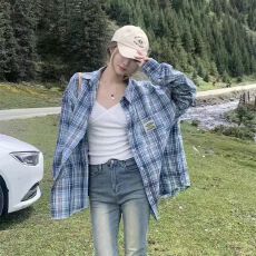 批发格纹防晒<b class='q'>衬衫</b>外套女夏季2026新款宽松贴标上衣设计感小众<b class='q'>衬衣</b>