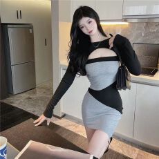 批发韩系辣妹灰色收腰抹胸<b class='q'>连衣裙</b>女秋冬长袖罩衫<b class='q'>两件套</b>装性感包臀短裙