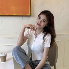 批发双拉链针织<b class='q'>开衫</b>外套女夏薄款新款短袖polo领修身露脐短款上衣