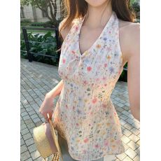 批发法式碎花挂脖无袖<b class='q'>背心</b>女夏日独特绝美度假风收腰显瘦吊带小衫上衣