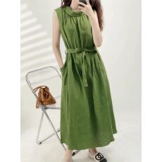 批发【原版做法】法式绿色翻领无袖<b class='q'>连衣裙</b>女夏季复古气质单排扣长裙