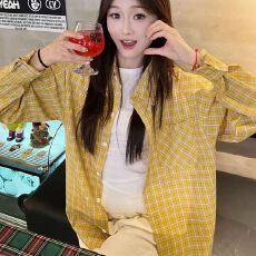 批发黄色格子<b class='q'>衬衫</b><b class='q'>男</b>女夏季新款设计感小众美式复古潮牌宽松<b class='q'>长袖</b><b class='q'>衬衣</b>潮